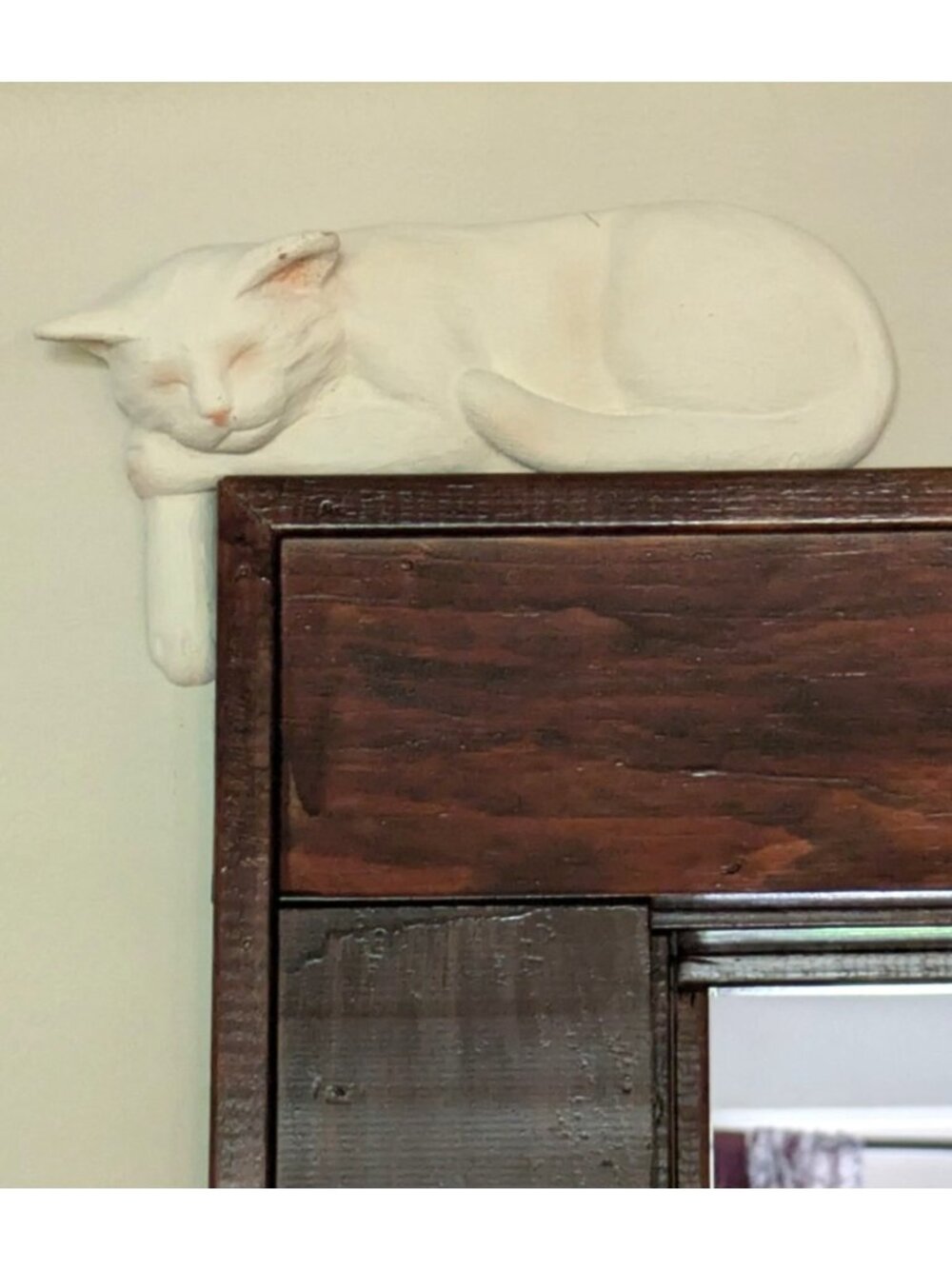 Vtg One Paw Sleeping White Cat Over Door Corner Shelf Sitter Handmade Signed 9"
